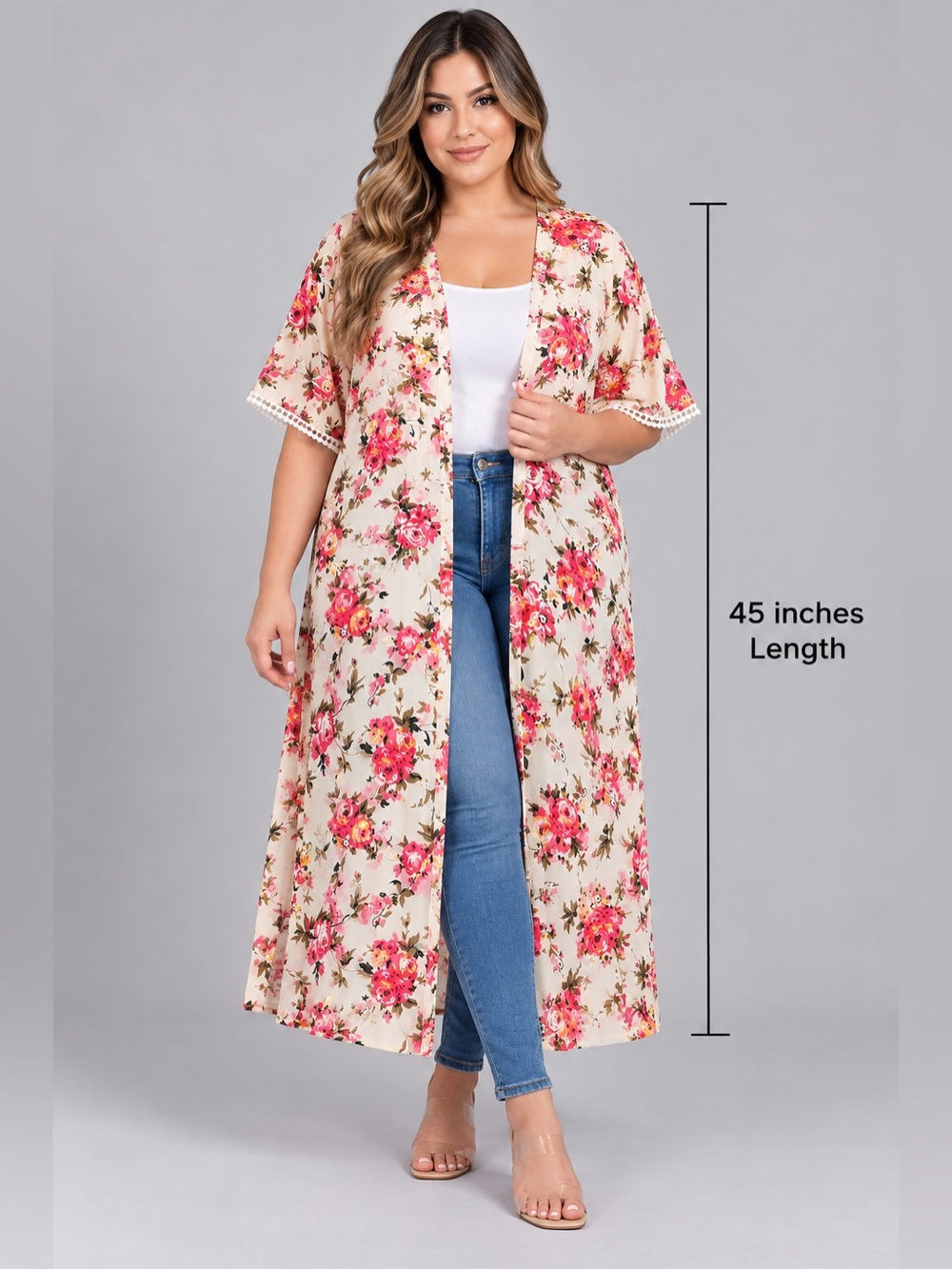 Vintage America Women's Floral Kimono Robe - Ivory & Pink Rose Print - Size XL